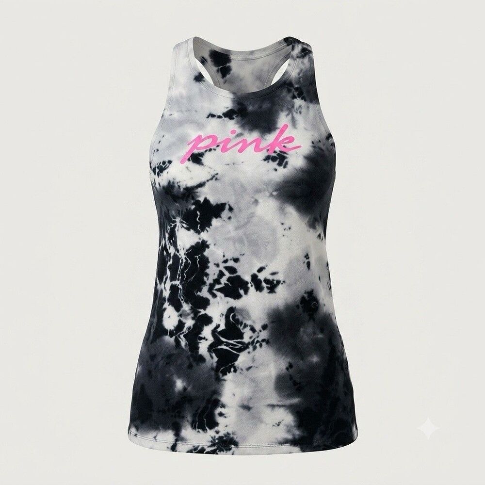 PINK Victoria's Secret Tank Top Womens XS Black White Tie Dye Pink Script Logo